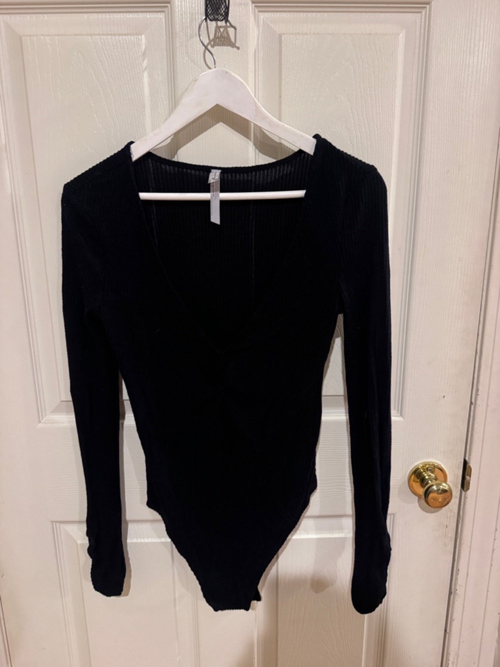 Free People Black Ribbed Long-Sleeve V-Neck Bodysuit